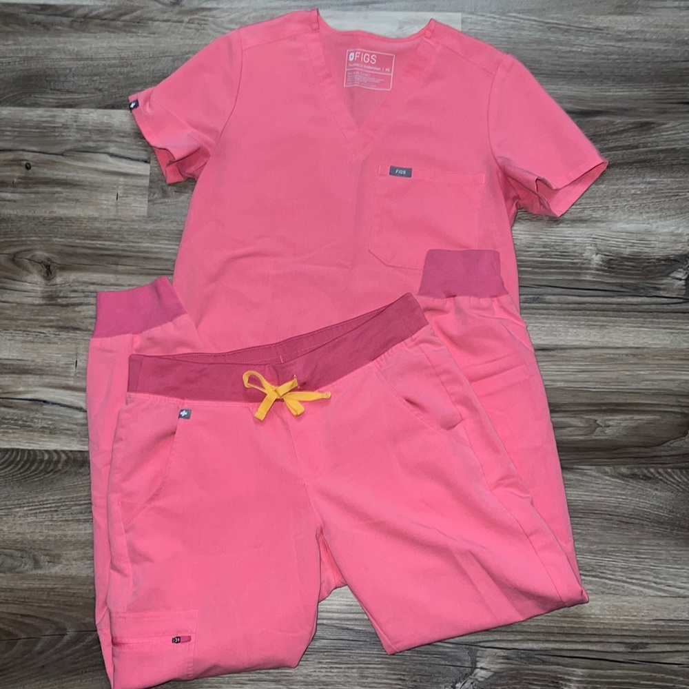 Figs Women's Pink Scrub Joggers with Dark Pink Waistband and Yellow Drawstring